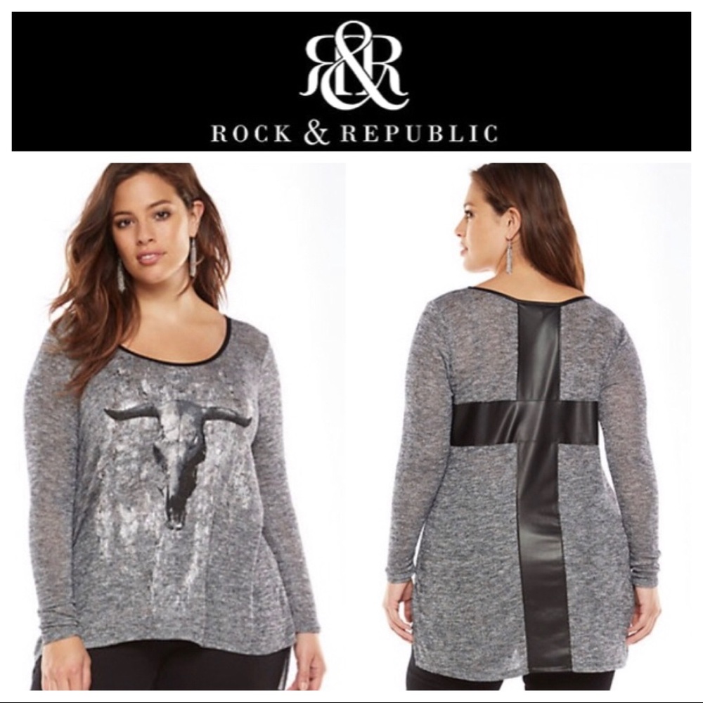 Rock & Republic Grey & Metallic Top w/ Faux Leather Trim
